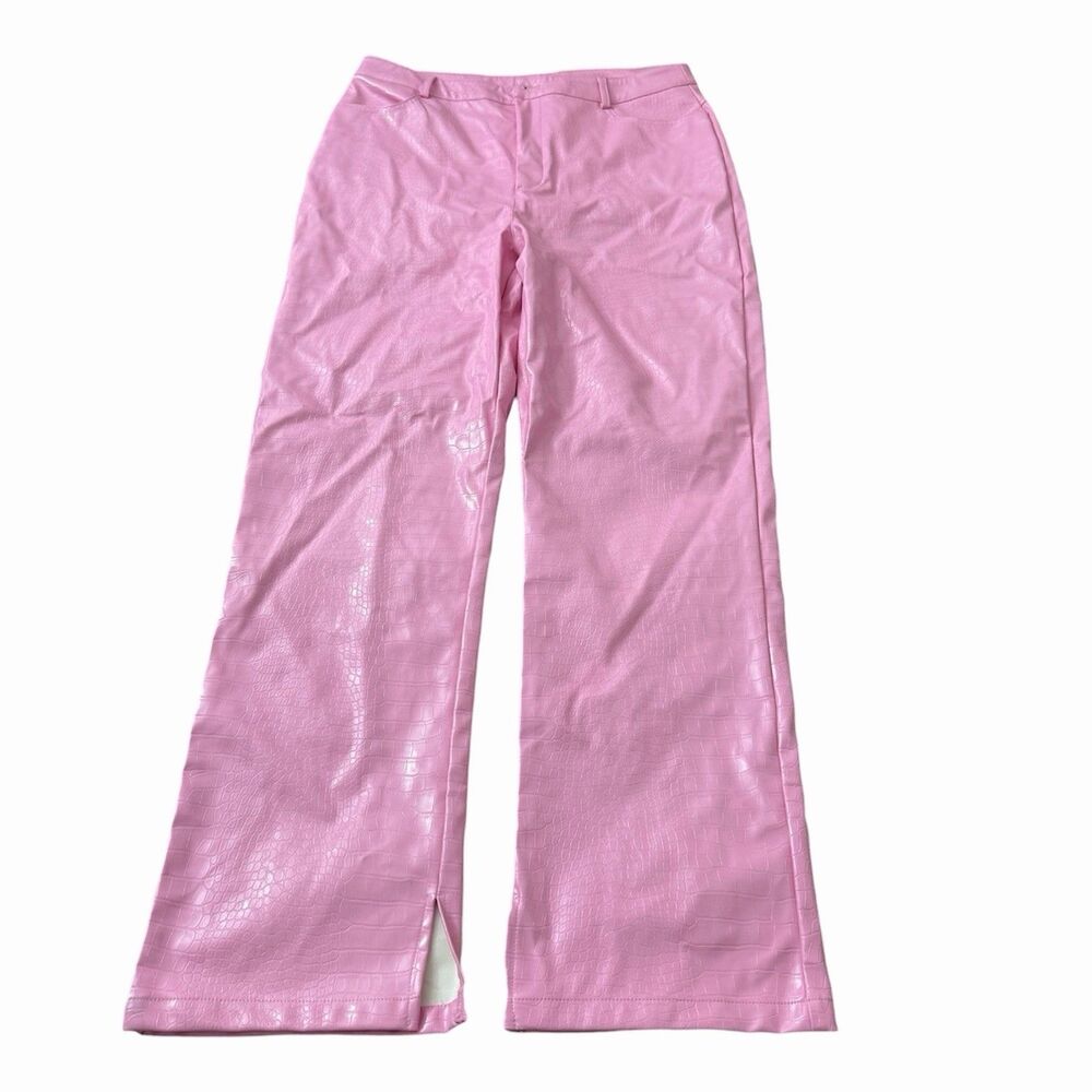 Boohoo Kourtney Kardashian Trousers 12 Pink Patent Croc Faux Leather Pants NWT